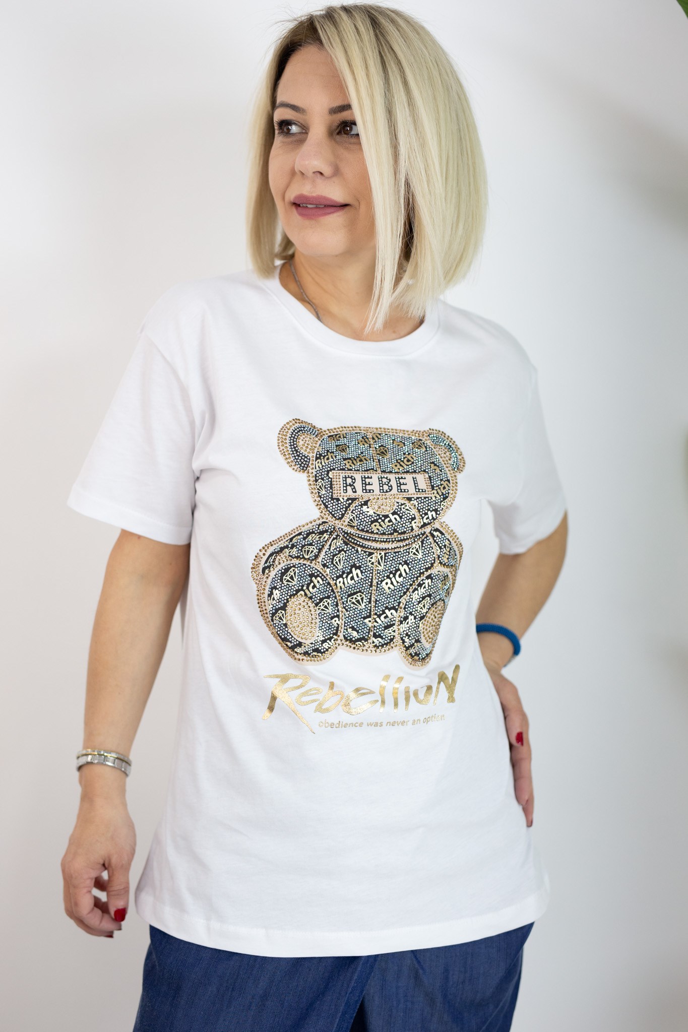 7169 REBELİON BASKILI, AYICIK SİLÜET SIVAMA TAŞLI TSHİRT