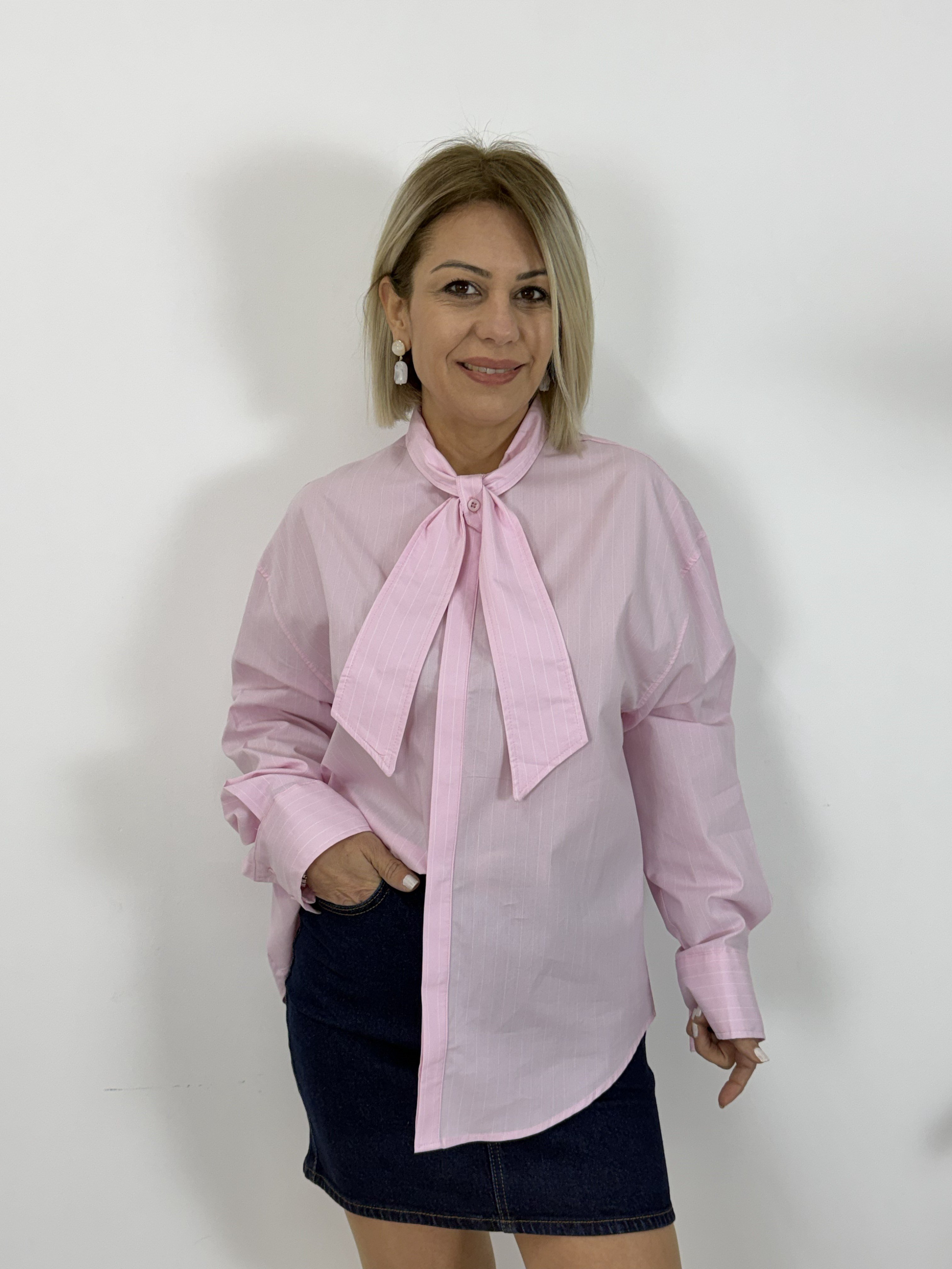 7435 Yaka Kuşaklı, Gizli Patlı, Çizgili, Boyfriend Gömlek