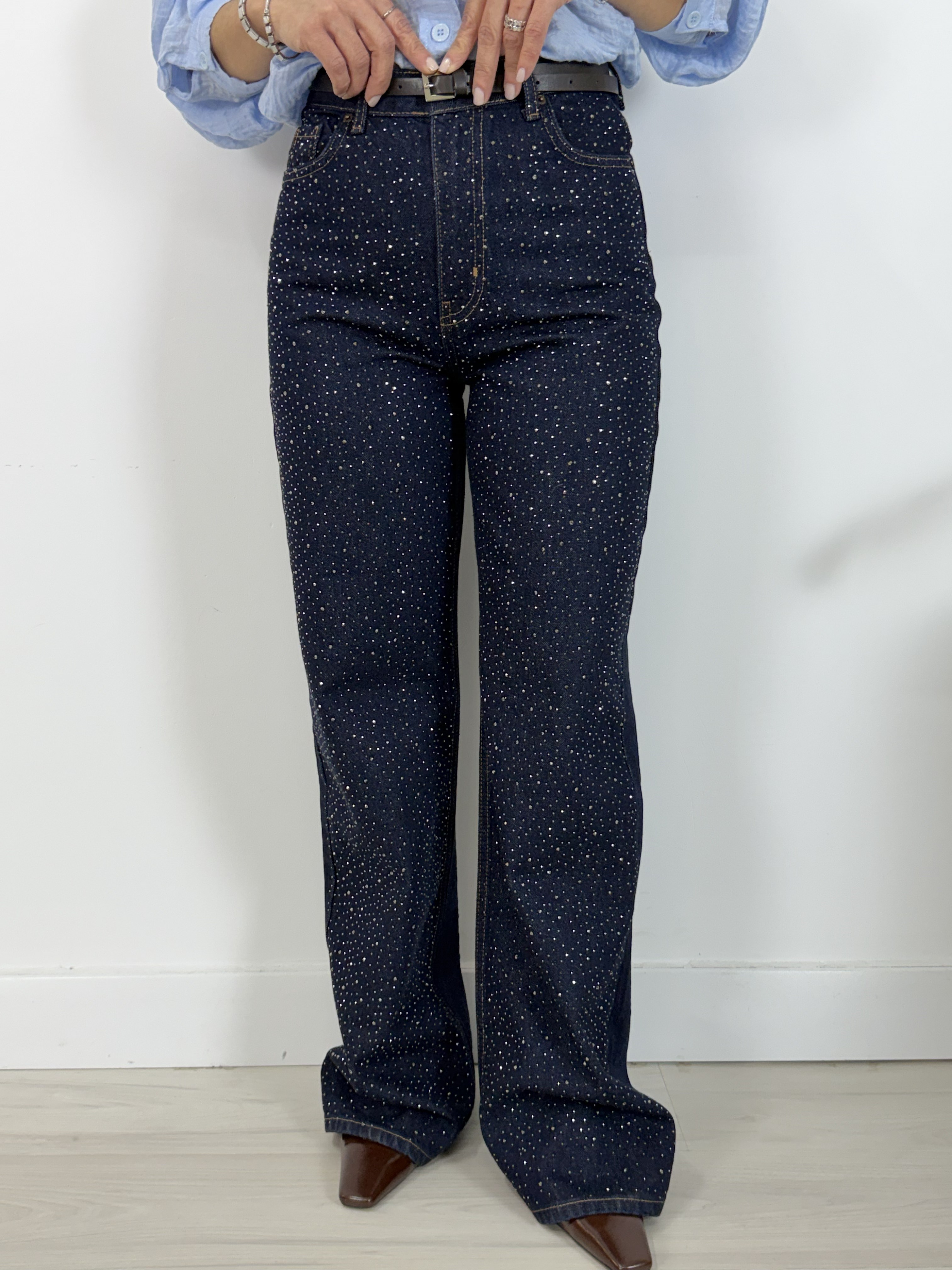 7714-T Taşlı, Wideleg Kalıp Jean Pantolon