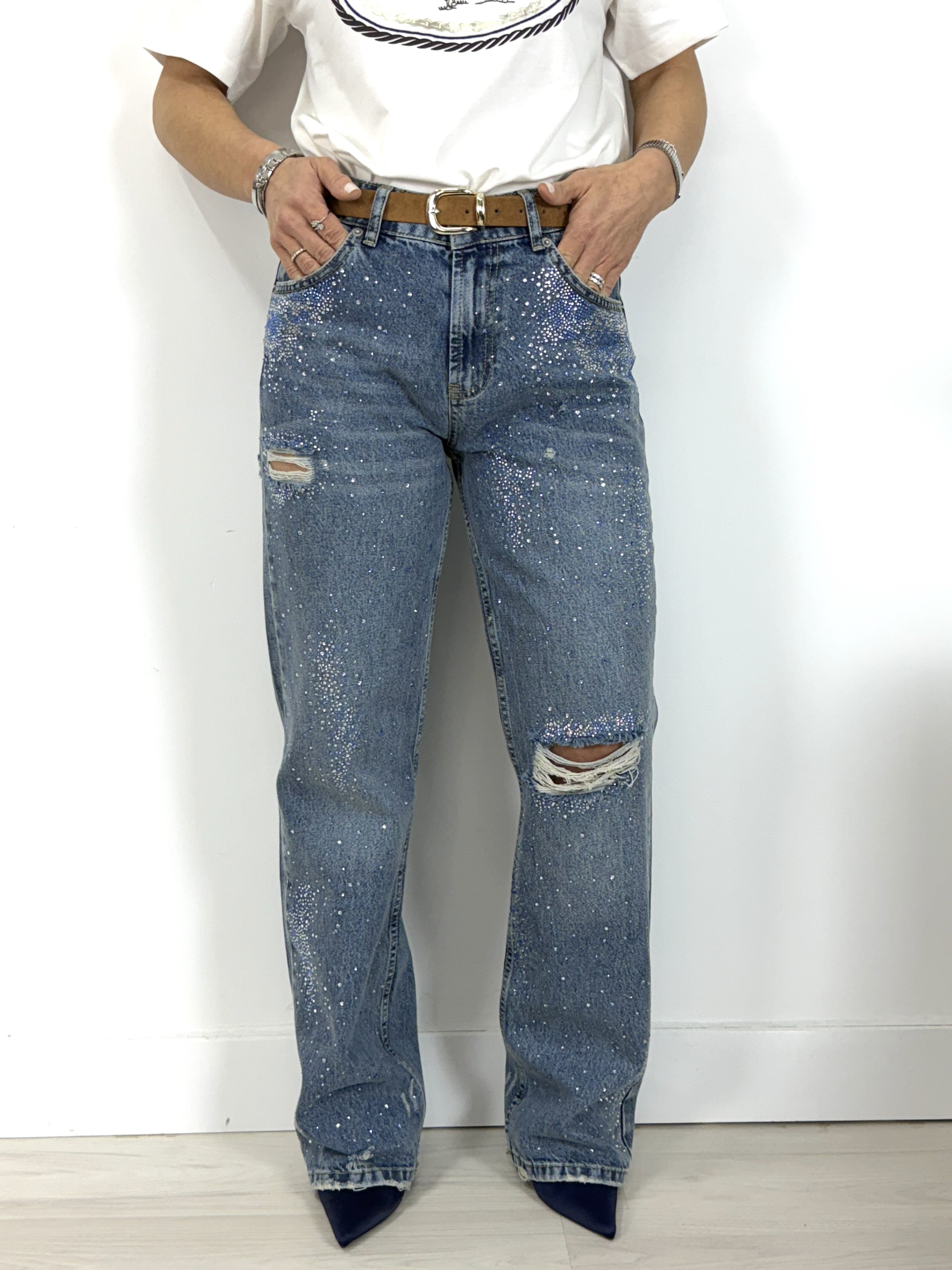 8044 Sıvama Taşlı, Yıpratmalı Jean Pantolon