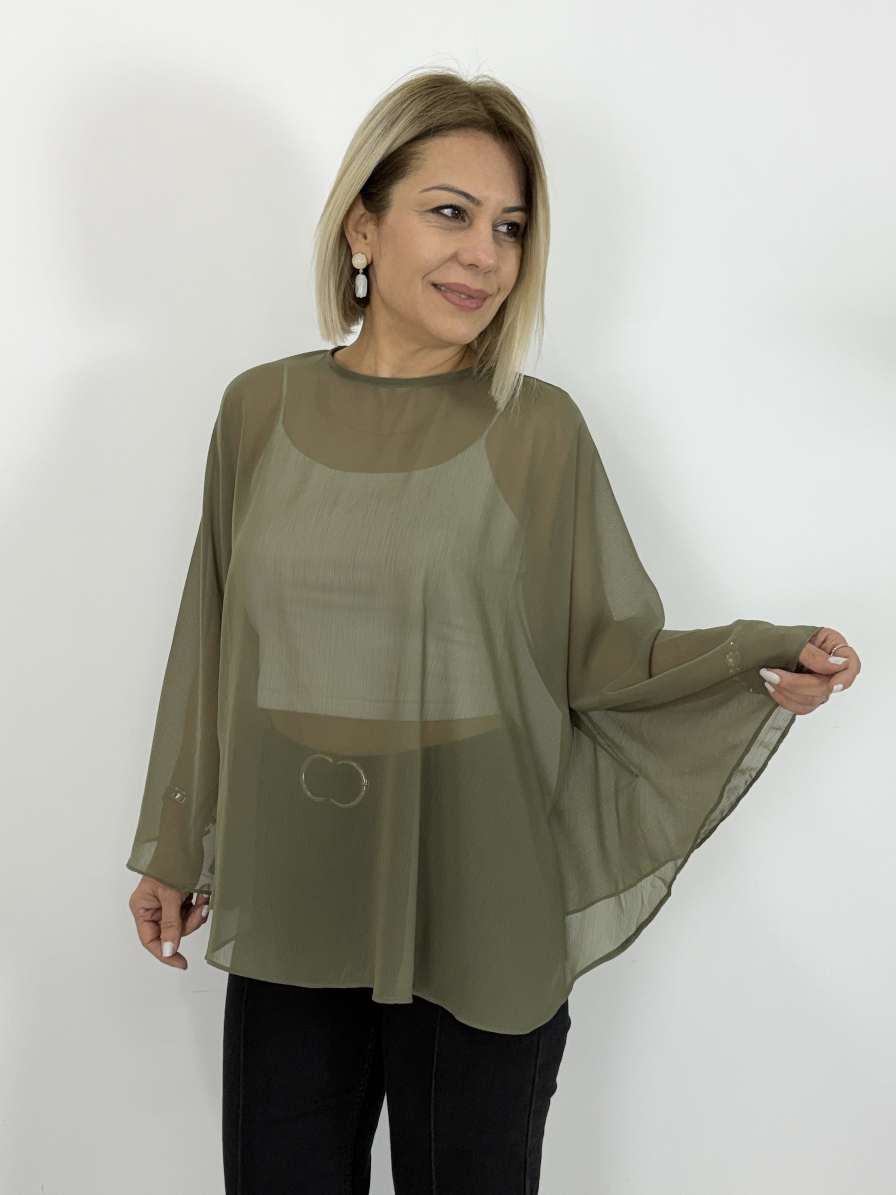 8156 Yarasa Kol, Bisiklet Yaka, Şifon Bluz