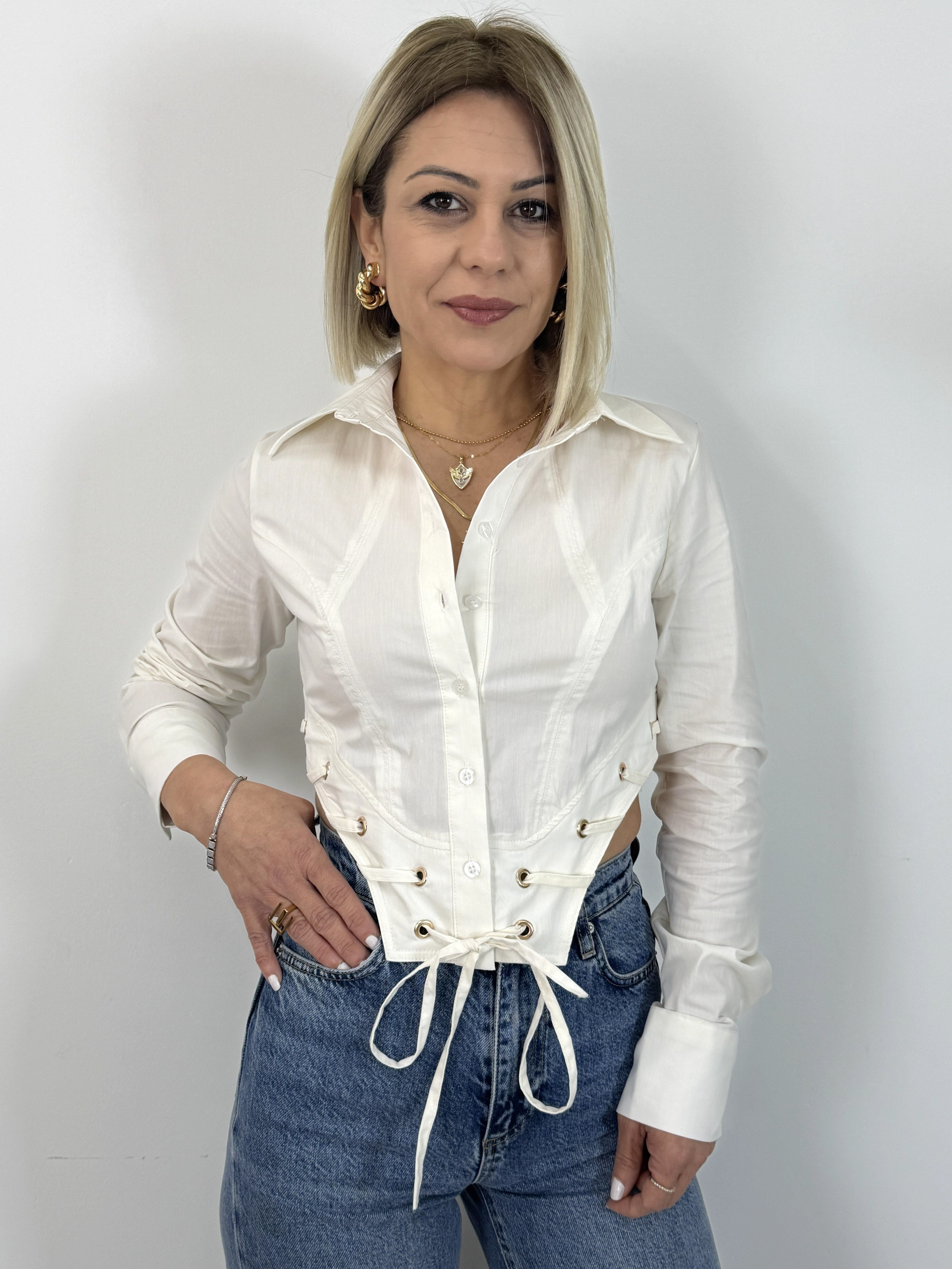 8193 Kuş Gözü Detay, Bel Dekolteli, Tasarım Gömlek