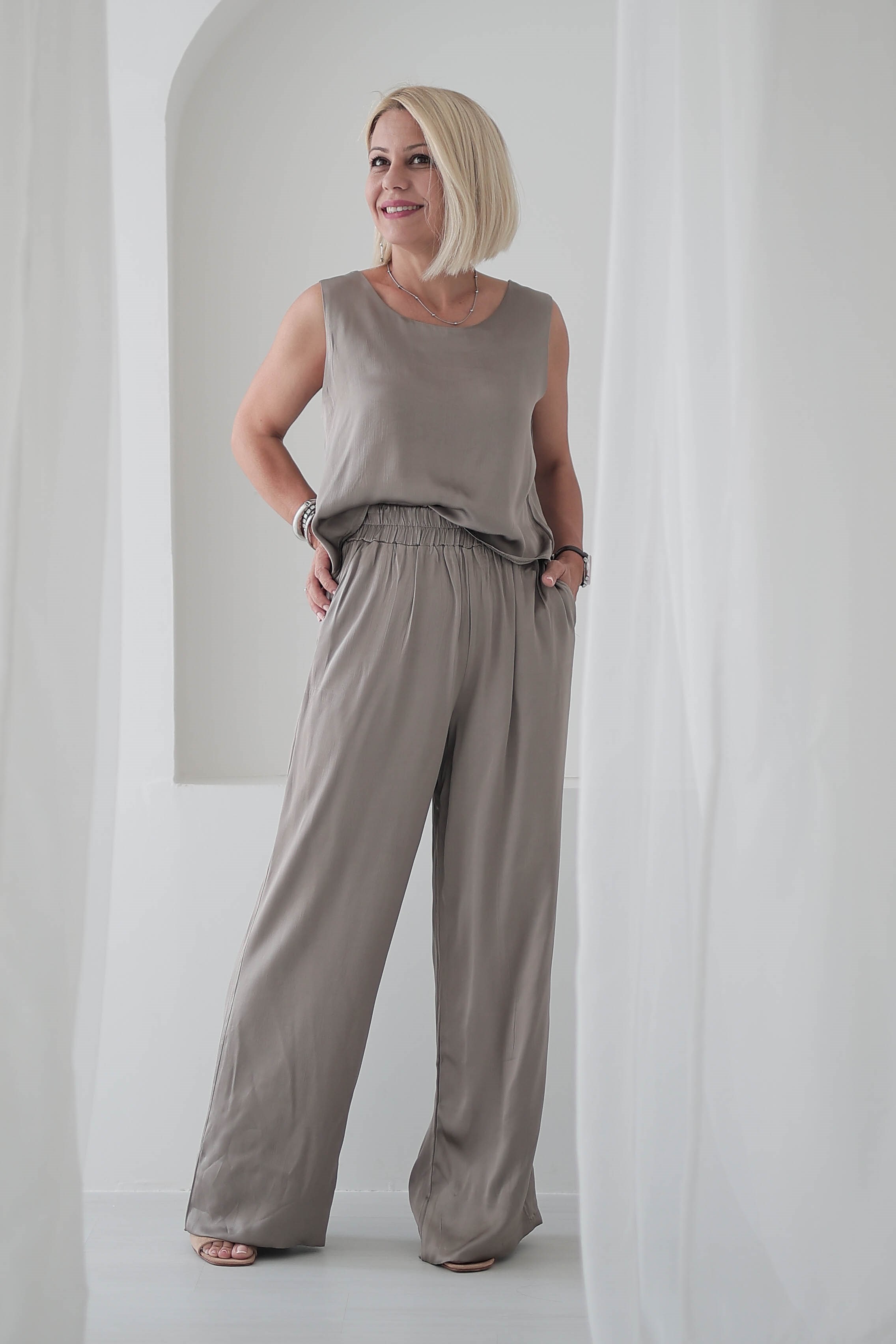 9161 SATEN KOLSUZ BLUZ PANTOLON TAKIM