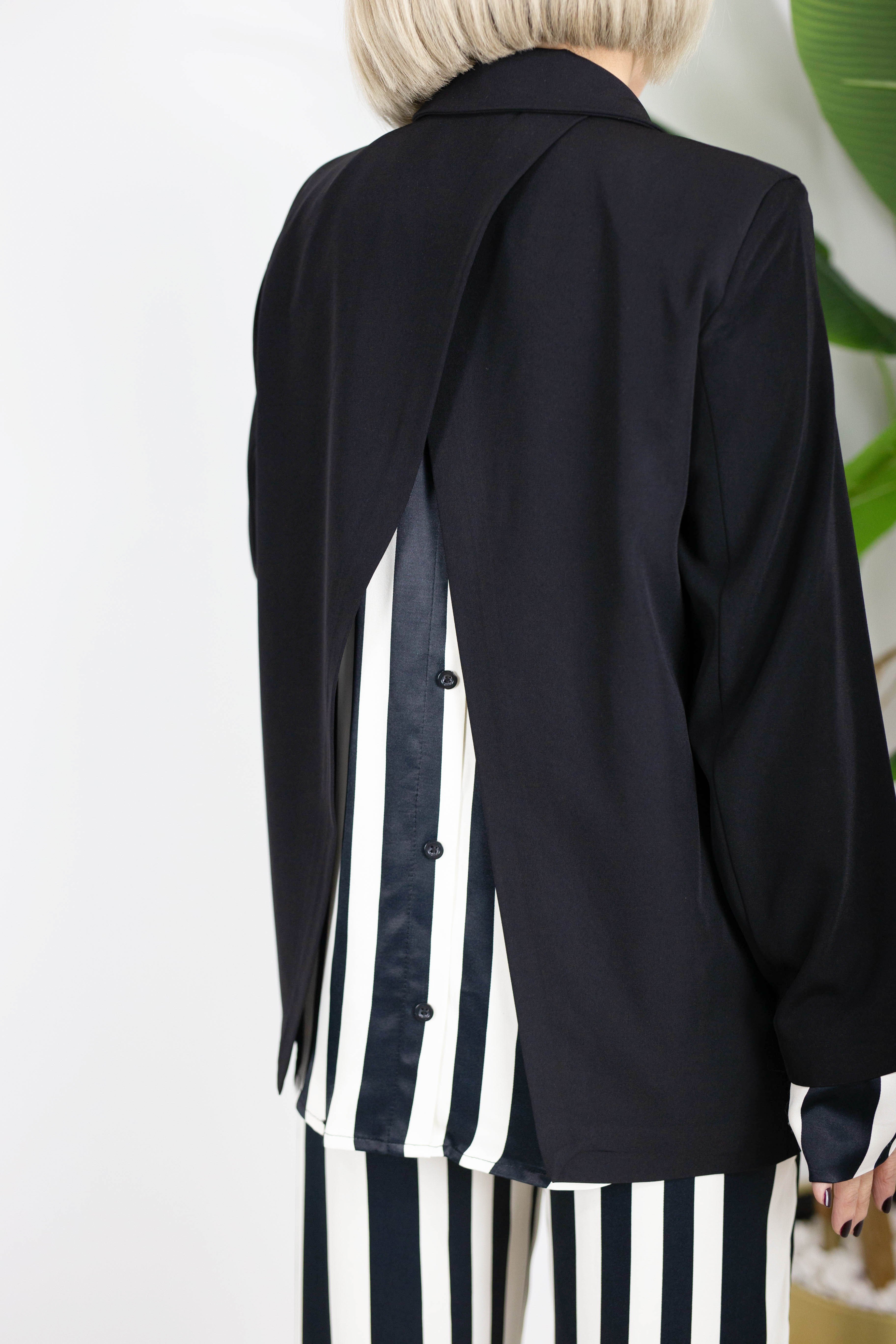 9616 MANŞET VE SIRT SATEN ÇİZGİLİ GÖMLEK GARNİLİ TASARIM BLAZER CEKET