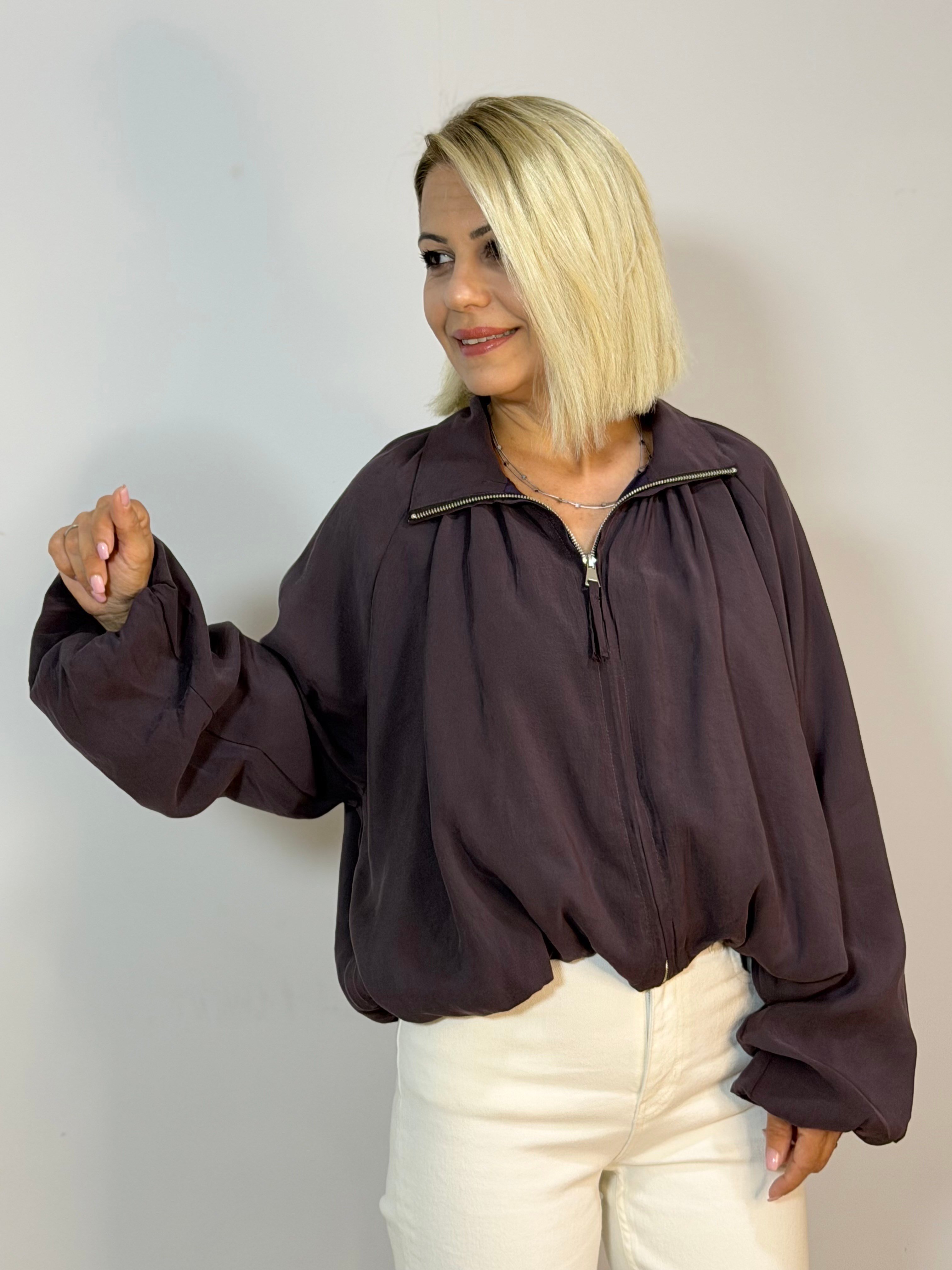 9801 Dik Yaka, Fermuarlı, Astarlı, Modal, Bomber Ceket