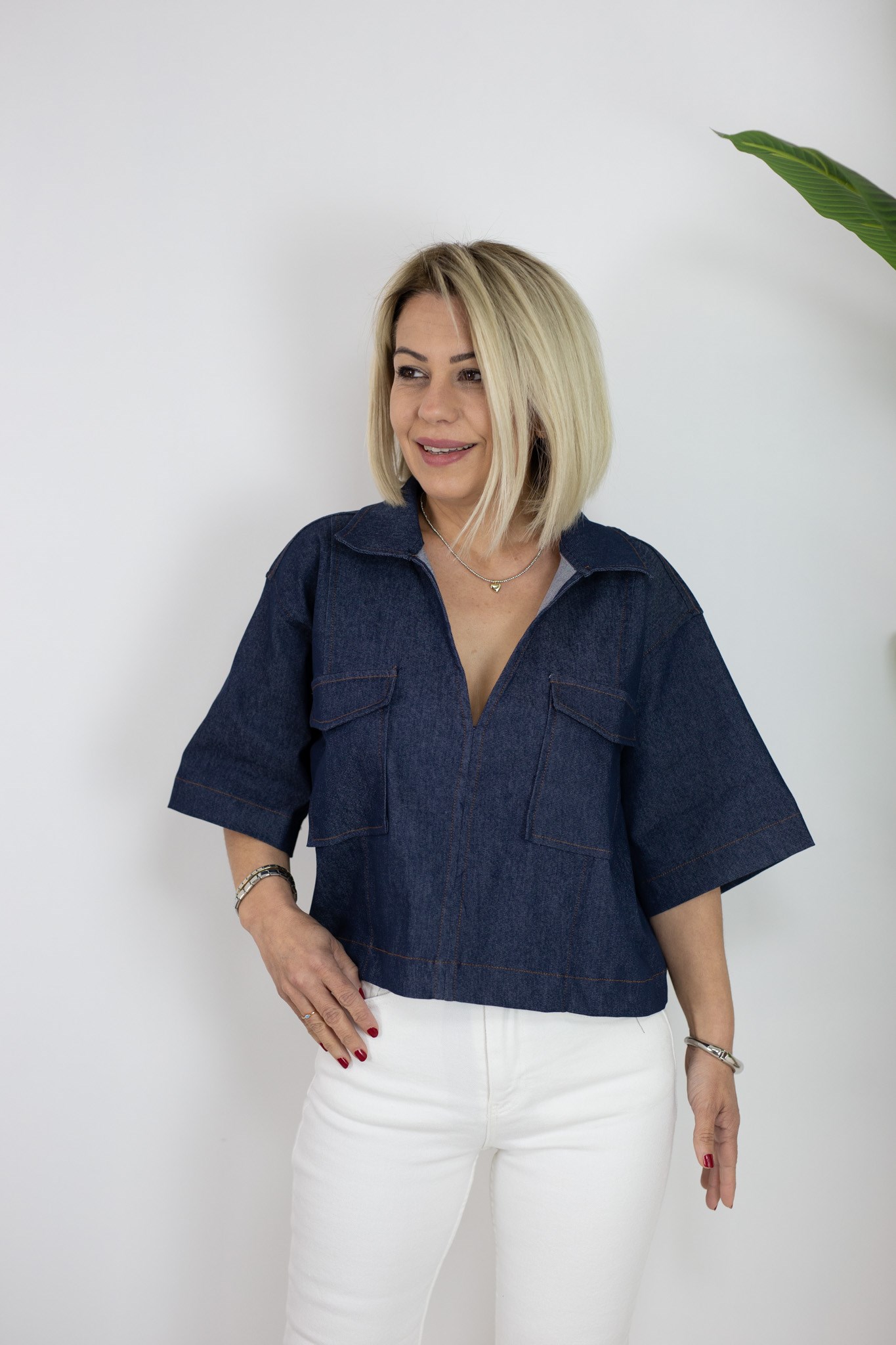 9878 KISA KOL, YAKALI, CEP DETAY, CROP JEAN BLUZ