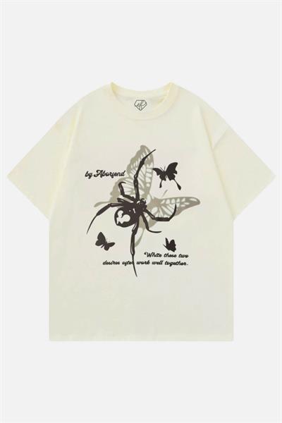 Bej Unisex Butterfly Spider Graphic Print T-Shirt