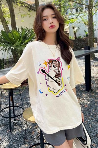 Bej Unisex Y2K Streetwear Haloxcs Cat T-Shirt