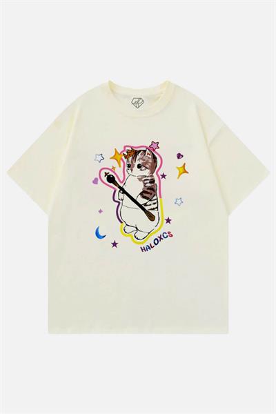 Bej Unisex Y2K Streetwear Haloxcs Cat T-Shirt