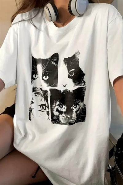 Beyaz Unisex Graphic Cats Print T-Shirt
