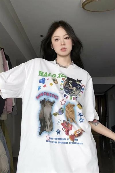 Beyaz Unisex Halo Kedi Kolaj T-Shirt