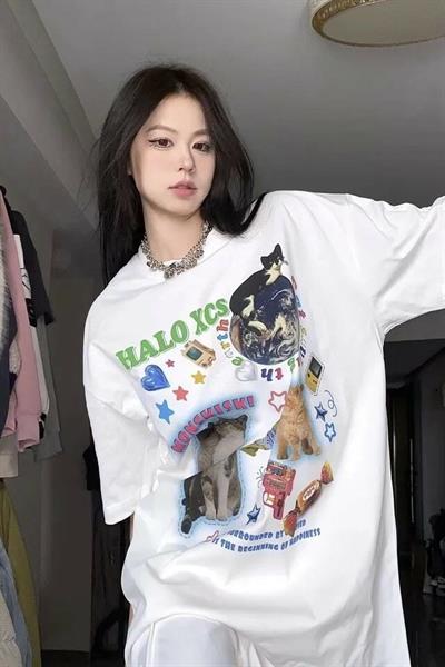 Beyaz Unisex Halo Kedi Kolaj T-Shirt