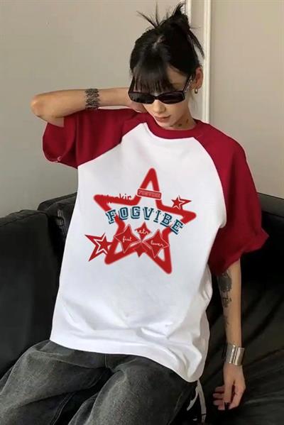 Beyaz Unisex Kırmızı Reglan Stars Fogvibe T-Shirt