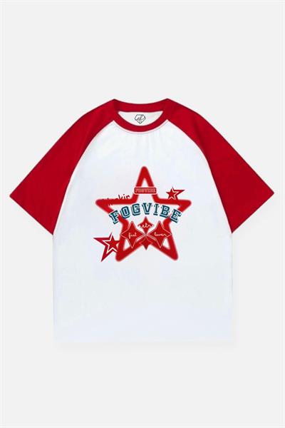 Beyaz Unisex Kırmızı Reglan Stars Fogvibe T-Shirt