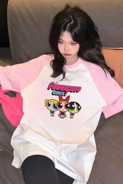Beyaz Unisex Pembe Reglan Powerpuff Girls T-Shirt