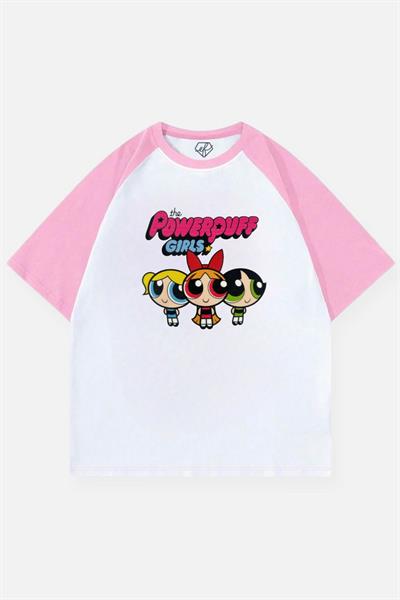 Beyaz Unisex Pembe Reglan Powerpuff Girls T-Shirt