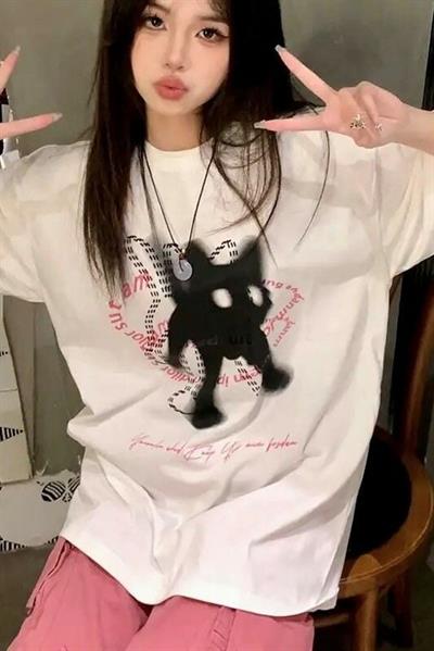 Beyaz Unisex Scared Cat Y2K T-Shirt