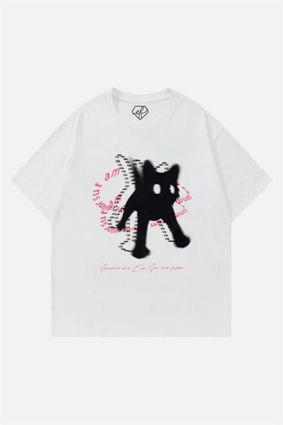 Beyaz Unisex Scared Cat Y2K T-Shirt
