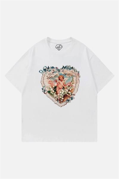 Beyaz Unisex Vintage Style Cupid Flowers T-Shirt