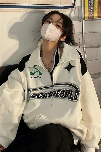 Beyaz Unisex Y2K Streetwear Locapeople Şardonlu Fermuarlı Hırka