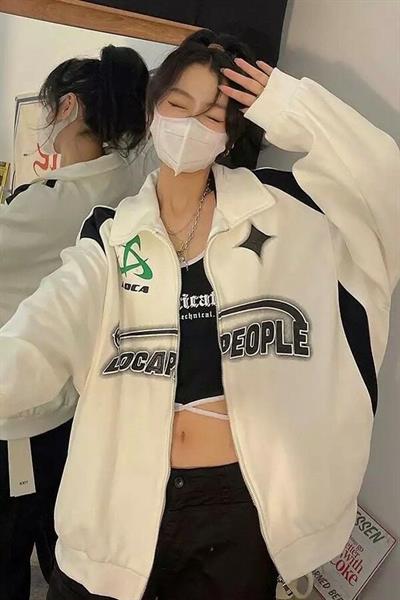 Beyaz Unisex Y2K Streetwear Locapeople Şardonlu Fermuarlı Hırka