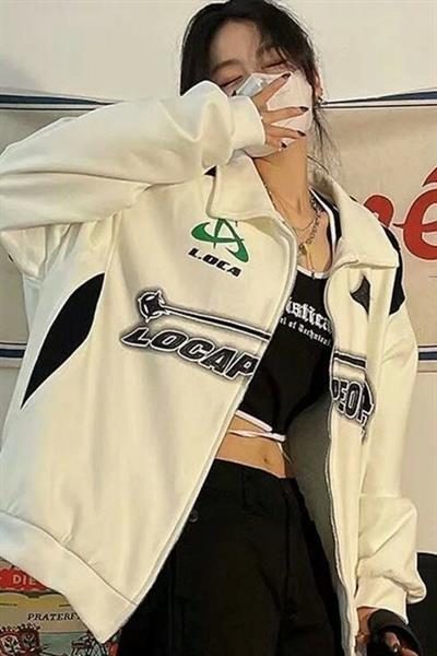 Beyaz Unisex Y2K Streetwear Locapeople Şardonlu Fermuarlı Hırka
