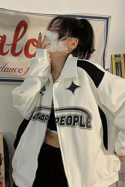 Beyaz Unisex Y2K Streetwear Locapeople Şardonlu Fermuarlı Hırka