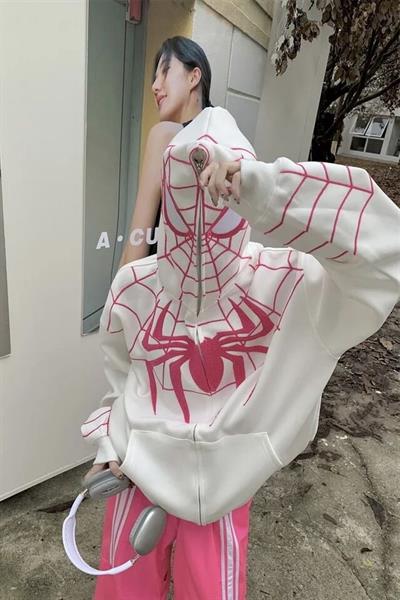Beyaz Y2k Streetwear Spider Web Oversize Fermuarlı Unisex Kapüşonlu Hırka