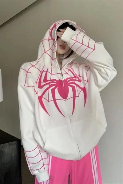 Beyaz Y2k Streetwear Spider Web Oversize Fermuarlı Unisex Kapüşonlu Hırka