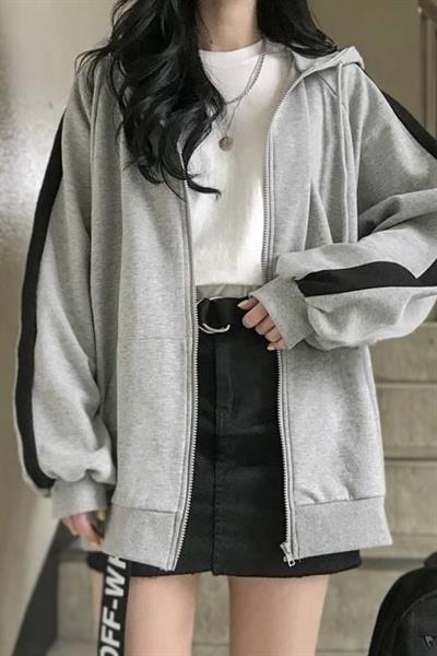 Gri Harajuku Siyah Şeritli Şardonlu Unisex Hırka