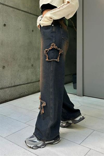Kahverengi Y2K Stars Patch Detay Jeans