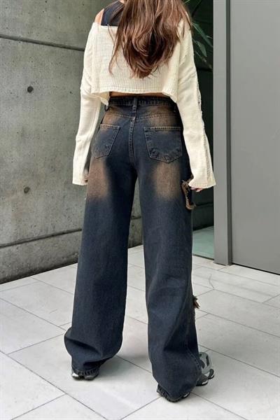 Kahverengi Y2K Stars Patch Detay Jeans