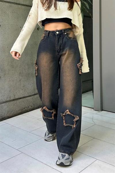 Kahverengi Y2K Stars Patch Detay Jeans