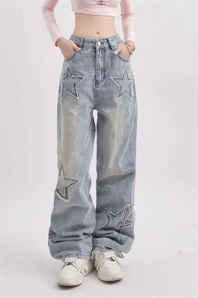 Kar Yıkama Y2K Stars Patch Detay Jeans