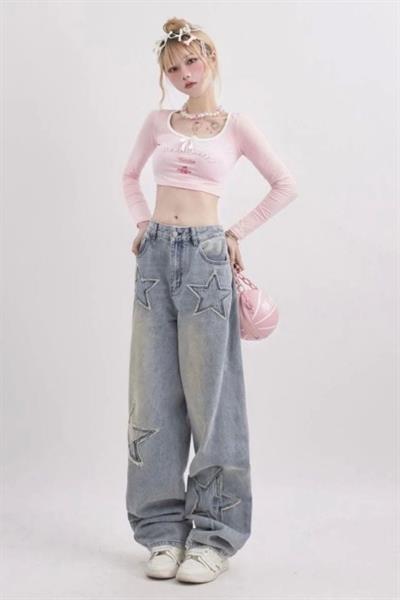 Kar Yıkama Y2K Stars Patch Detay Jeans