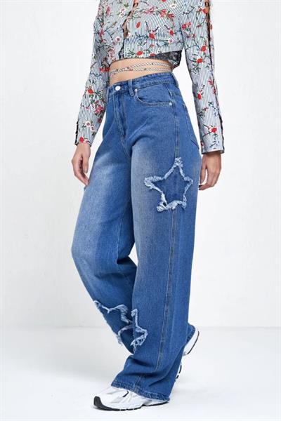Mavi Y2k Stars Patch Detay Jeans