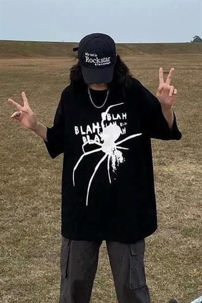 Siyah Unisex Blah Blah Spider T-Shirt
