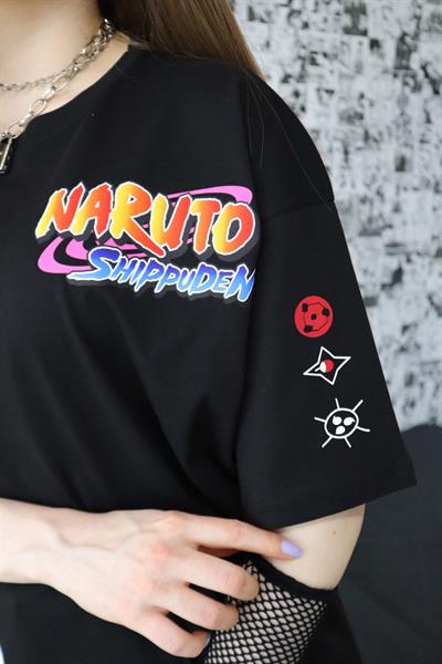 Siyah Unisex Kol Detay Naruto Shippuden T-Shirt