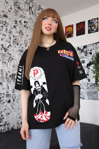 Siyah Unisex Kol Detay Naruto Shippuden T-Shirt