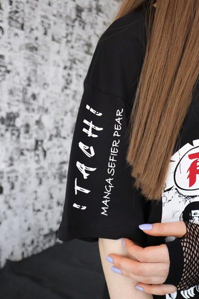 Siyah Unisex Kol Detay Naruto Shippuden T-Shirt