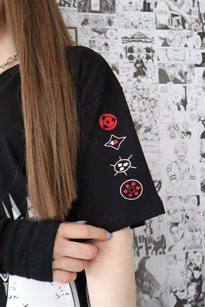 Siyah Unisex Kol Detay Sasuke T-Shirt