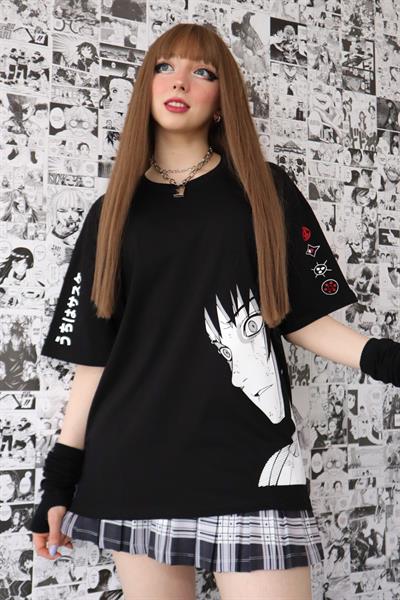 Siyah Unisex Kol Detay Sasuke T-Shirt