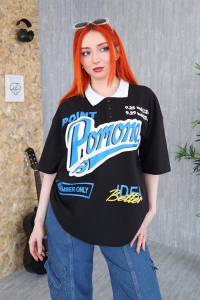 Siyah Unisex Polo Yaka Pomone Yazılı T-Shirt