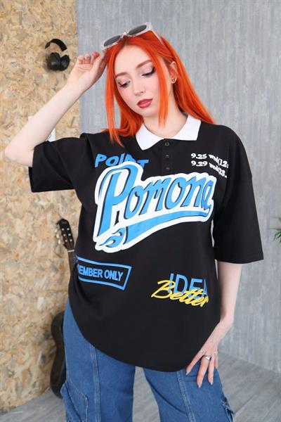 Siyah Unisex Polo Yaka Pomone Yazılı T-Shirt