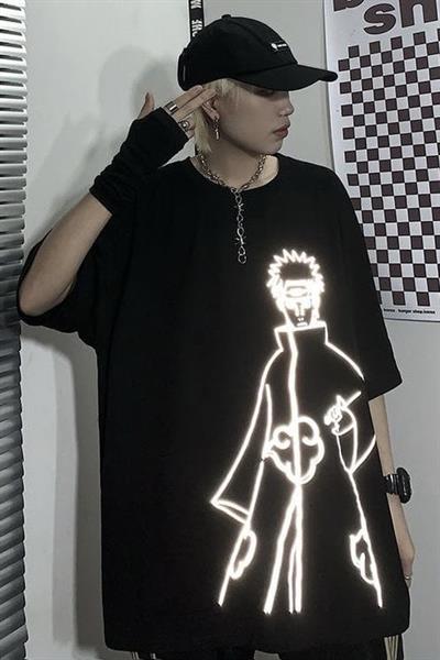 Siyah Unisex Reflektörlü Akatsuki Anime T-Shirt