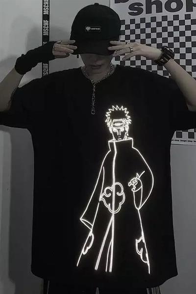 Siyah Unisex Reflektörlü Akatsuki Anime T-Shirt