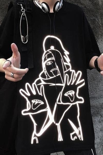 Siyah Unisex Reflektörlü Naruto Anime T-Shirt