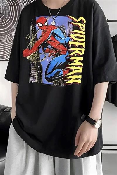 Siyah Unisex Spiderman Karakter T-Shirt