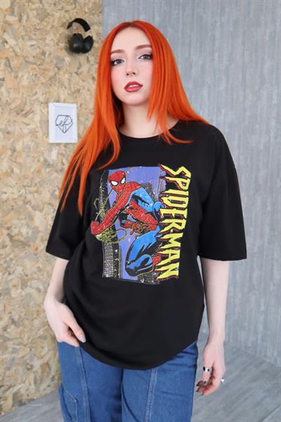 Siyah Unisex Spiderman Karakter T-Shirt
