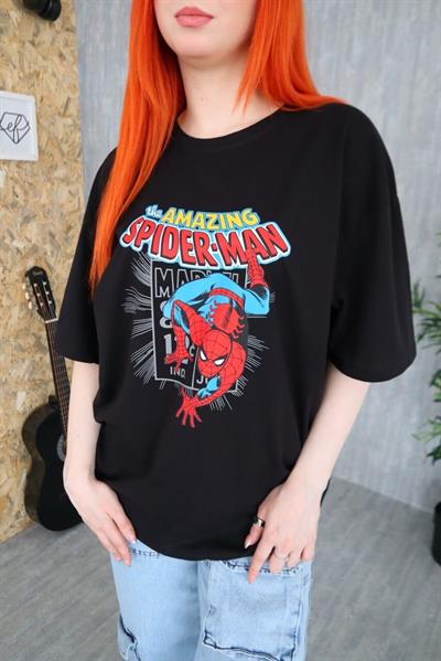 Siyah Unisex The Amazing Çizgili Spiderman Karakter T-Shirt